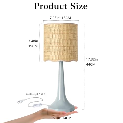 Light Blue Rattan Small Table Lamp for Bedroom, Light Blue Wicker Lamps for Bedside Nightstand, Rattan Shade Small Table Shape Lamps for Small Spaces for Kitchen Counter, Home Office, Living Room