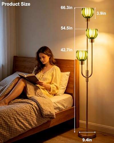 Modern Glass Floor Lamp 66IN 3-Light Green Glass Gold Dimmable Floor Lamps - color: Green Lotus-Gold