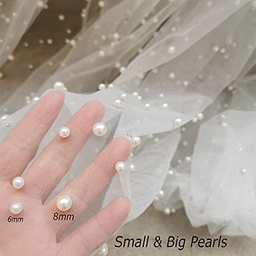Wedding Table Tulle Tablecloth White Pearl Tulle Veil Fabrics Arch Dessert Table Decorations 10ft Party Sweetheart Table Décor Big and Small Beaded Pearl Fabric 2pcs 60x120 Inch
