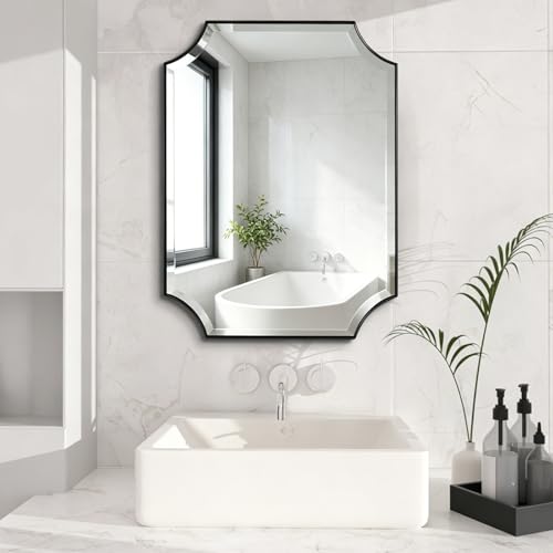 POZINO 30"x22" Premium Rectangle Beveled Bathroom Mirror for Over Sink - color: Black Scalloped, size: 30"L x 22"W