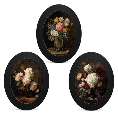 3Pcs Vintage Floral Small Oval Wall Art Framed Dark Cottagecore Decor | Botanical Bouquet Oval Wall Decor Aesthetic Canvas Prints Hanging for Home Farmhouse Living Room - color: color-G