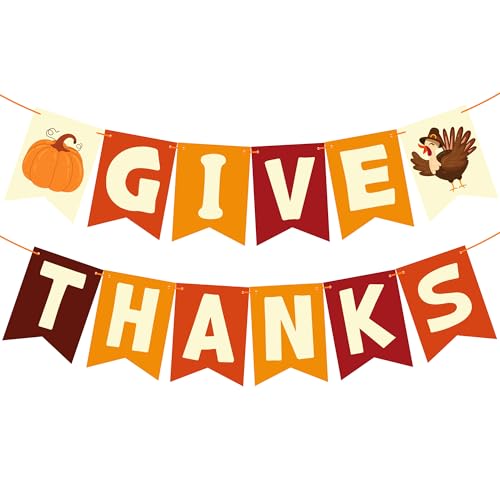 OHOME Thanksgiving Decorations - GIVE THANKS Banner | Friendsgiving Party Decorations for Indoor Outdoor Outside - Thanksgiving Garland for Front Door | THANKSGIVING Backdrop Wreath for Window Wall - color: Orange
