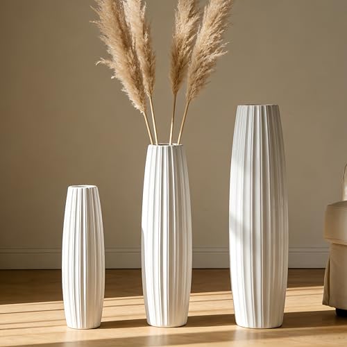 White Tall Ceramic Floor Vase, 17.7 Inch, Ribbed Drum Design - color: Vertical Stripes, size: Height-17.7 Inch