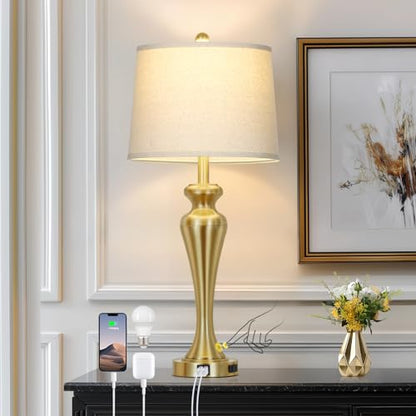 30 Inch Gold Single Table Lamp, 3-Way Dimmable Touch Control Bedside Lamps with USB A+C Ports and AC Outlet, Metal Brass Bedroom Lamps for Night stand, Modern Tall Lamp for Living room end table - color: Gold-1PK