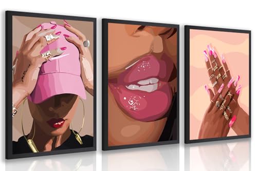 Hianan Wood Framed Fashion Pink Black Girl Wall Art Set of 3, 16x24 in - color: Pink(Wood), size: 24"L x 16"W