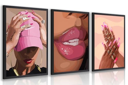 Hianan Wood Framed Fashion Pink Black Girl Wall Art Set of 3, 16x24 in - color: Pink(Wood), size: 24"L x 16"W