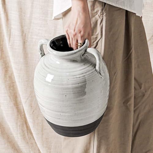 Large White Ceramic Vase with 2 Handles, 11.3 Inch, Farmhouse Rustic - color: Winnie - Aurora White, size: L(10.8"-11.8")