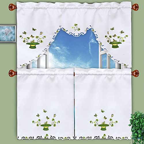 Simhomsen Embroidered Irish Clover Kitchen Window Curtain Swag and Tiers Set for St. Patrick’s Day and Spring (Clover B) - color: Clover B