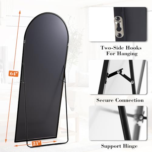 DUMOS 64"x21" Arched Full Length Mirror with Stand, Full Body Floor Mirror - color: Black-rounded, size: 64"L x 21"W