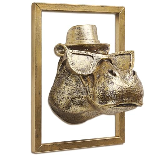 JJALIGHTS Exquisite Resin Animal Head Wall Sculpture (Gift Metal Frame) - Imitation Copper Vintage Decor for Living Room, Bedroom & Office | Decorative Wall Hanging Art(Hippo) - color: Hippo