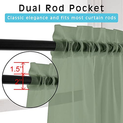 OVZME Sage Green Sheer Curtains 36 inches Long, Short Kitchen Window Treatment Solid Sheers Cafe Curtains Bathroom Voile Half Window Panels, Rod Pocket, 42" Wx36 L - color: Sage Green, size: 42"W x 36"L (Pack of 2)