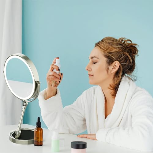 Rocollos Tabletop Makeup Mirror with Built-in Vanity Tray, 9" Rechargeable 4000mAh Lighted Vanity Mirror 1X/10X Magnification, Height-Adjustable Arm, 3 Color Dimmable (9Inch Nickel) - color: 9inch Nickel