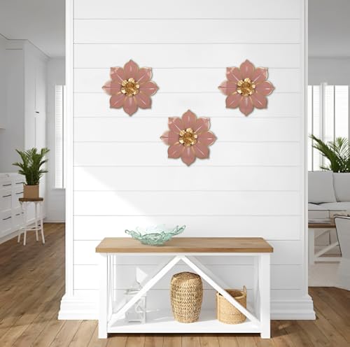 Villa Como Set of 3 Pink and Gold Metal Flowers Wall Art Decor 10" - color: # 3 Pink