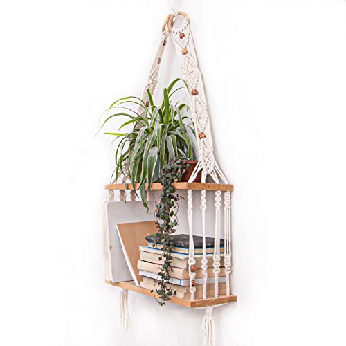 TENEWEE Boho Wall Hanging Shelves Macrame Floating Plant Photos Wood Shelf for Bedroom Living Room Apartment Decor - color: White