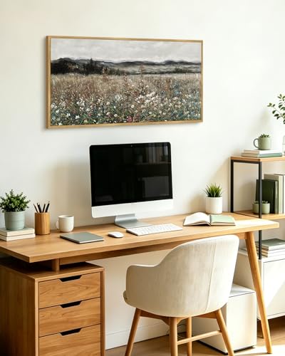 KUVIOKE Vintage Landscape Framed Wall Art 20x40in Large Meadow Sea of Flower Field Wall Prints Classic Retro Farmhouse Rustic Decorations for Living Room Bedroom (Natural Framed) - color: Wildflower, size: 40"L x 20"W