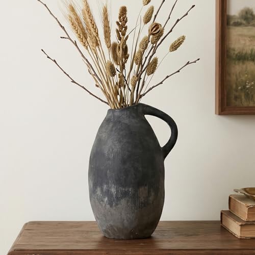 Rustic Ceramic Vase with Handle, 10.3 Inch, Handmade Decor - color: Black