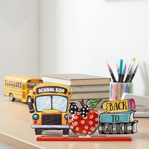 Smile Back to School Wooden Table Decor Book Stack, Polka Dot Apple, School Bus Desktop Signs - Classroom & Home Office Tabletop Decorations School Gift for Students, Teachers - style: School