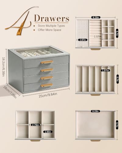 Homeanda Jewelry Boxes Organizer with Glass Lid, 4-Layer PU Leather, Grey - color: Grey, size: 4 Layer