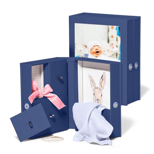Savor Small Keepsake Box and Fabric Photo Frame - Memory Box for Wedding, Travel and Convocation - Keepsake Storage Box for Couples to Save Memories (Blue with Neutral Interior)