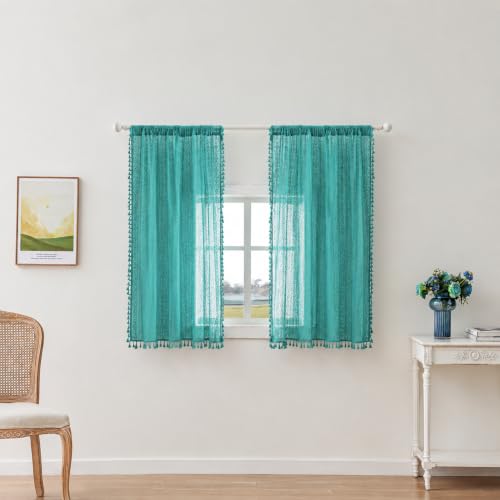 WAZZIO Boho Lace Curtains 63 inch Curtains 2 Panel,Rod Pocket Vintage Bohemian Farmhouse Crochet Cotton Geometry Privacy Sheer Curtain Drapes Farmhouse for Living Room Bedroom,Teal - color: Teal, size: 59"W x 63"L (Pack of 2)