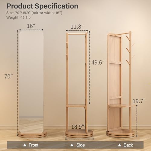 AnywaysWood 70"x19"Full Length Mirror with Stand,Coat Rack with Mirror,Solid Wood Floor Mirror,Swivel Mirrorfor Bedroom, Living Room, Cloakroom - color: Nature