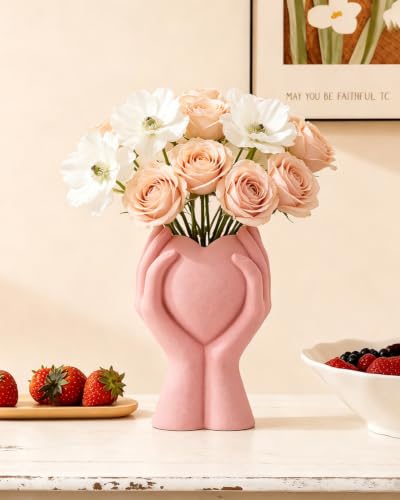8 Inch Heart Hand White Ceramic Vase - Unique Modern Aesthetic Flowers Vase for Living Room Bedroom Office Kitchen Table Centerpiece or Shelf Decor - Gifts for Wedding Bridal Shower Women Mom (Pink) - color: Pink