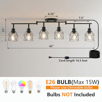 Dimmable Plug in Ceiling Light,Plug in Track Lighting,6 Light Black Industrial Farmhouse Ceiling Light with 16.5' Cord,Adjustable Rotatable Cage Lamp Heads,E26 Base(Bulbs Not Included) - color: 6 Light Black