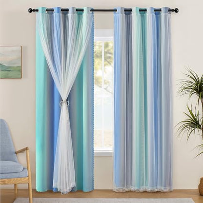 XiDi Blue Green Grey Blackout Curtains 63 Inches Long for Bedroom 2 Panels - color: Blackout-blue-green-grey, size: 34"W x 63"L (Pack of 2)