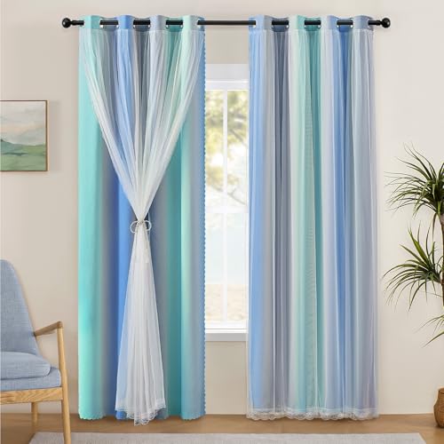 XiDi 100% Blackout Curtains for Girls Bedroom Living Room 96 Inch Length 2 Panels Kids Rainbow Blue Green Grey Mix & Match Double Layer Curtains with Sheer Overlay Grommet Window Drapes 52W x 96L - color: Blackout-blue-green-grey, size: 52"W x 96"L (Pack