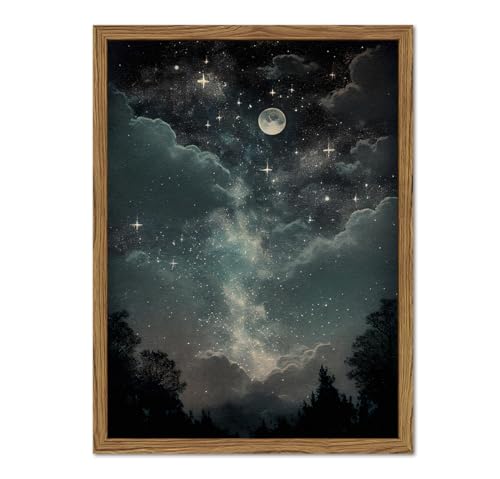 Dark Academia Moon Wall Art Cottagecore Star Celestial Wall Decor Painting Moody Whimsical Night Landscape Artwork 3D Texture Hand Drawn Sandstone for Bedrooom Living Room 12x16 inch Wood Framed - color: Moon e, size: 16"L x 12"W