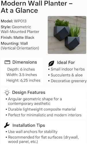 Vertical Garden Wall Planters – 2-Pack Modern Matte Black Geometric Pots for Indoor Plants, Wall Vase, Indoor and Outdoor Use 6"