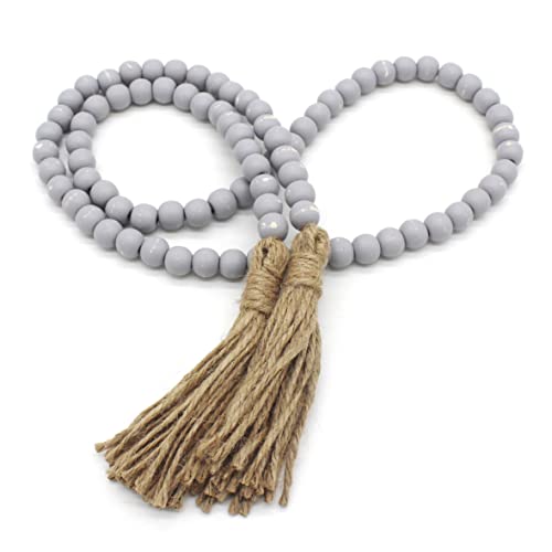 CVHOMEDECO. Wood Beads Garland with Tassels Farmhouse Rustic Wooden Prayer Bead String Wall Hanging Accent for Home Festival Decor. Grey Distressed - color: Grey