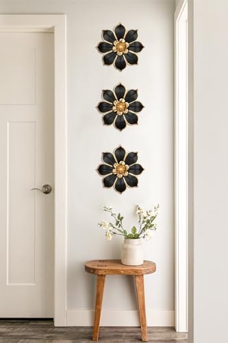 Villa Como Set of 3 Black and Gold Metal Flowers Wall Art Decor 10" - color: # 3 Black and Gold