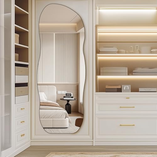 QDSSDECO Full Length Mirror Irregular Wavy Mirror with Stand, Frameless - color: Wave With Bracket