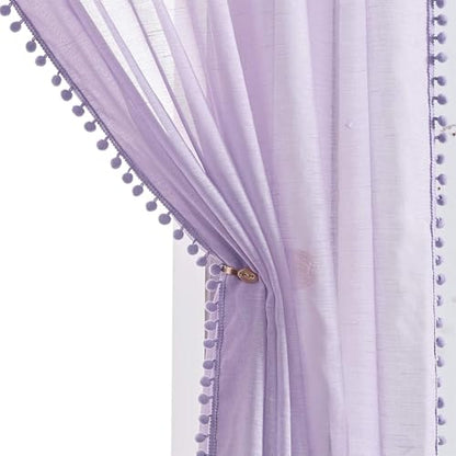 Pompom Sheer Curtain Panels for Living Room Girl's Nursery 52"x108" Lilac - color: Lilac, size: 52"W x 108"L (Pack of 2)
