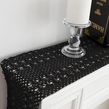 Simple&Opulence Boho Macrame 100% Cotton Table Runner - 12 x 72 Inch, Woven Farmhouse Table Runner with Tassels for Bohemian Rustic Wedding, Bridal Shower, Dinner （Black） - size: 12"x72", style: Cotton / Black