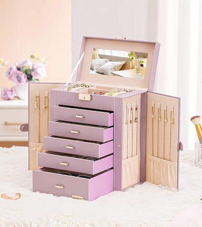 Homde Jewelry Box Large for Women: 6 Layers Organizer with 5 Drawers - color: Gray Purlpe