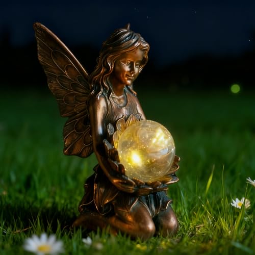 Suyorpe Garden Statues Outdoor Flower Fairy Decor,Solar Powered Outdoor Resin Statues-Patio Lawn Yard Porch, Funny Fairies Ornaments Figurines for Outside Garden Gifts,8.31 Inches Tall - color: Brown