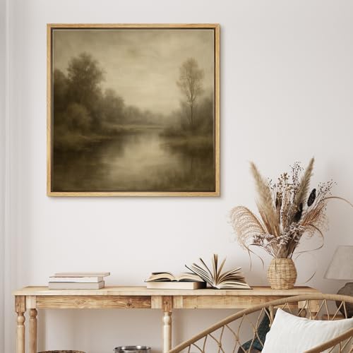MUDECOR Framed Canvas Print Wall Art Foggy Riverbank with Bare Trees Tranquil Landscape Illustrations Modern Art Group Colorful for Living Room, Bedroom, Office - 24"x24" Natural - color: B09-2507-sar12, size: 24"L x 24"W