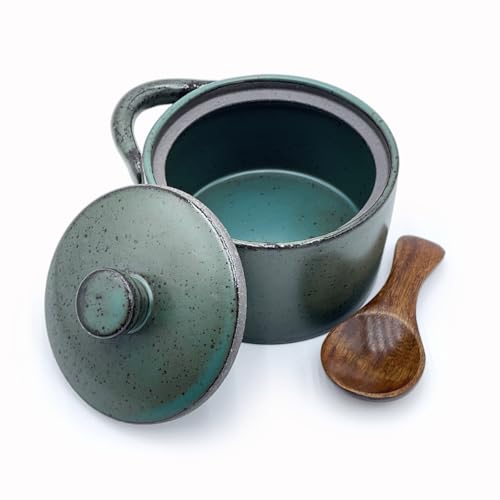 8 oz Ceramic Salt Cellar with Lid & Wooden Spoon,Countertop Salt Container,Sugar Bowl,Spices Jar| Artisan Kitchen Decor(Green) - color: Green A