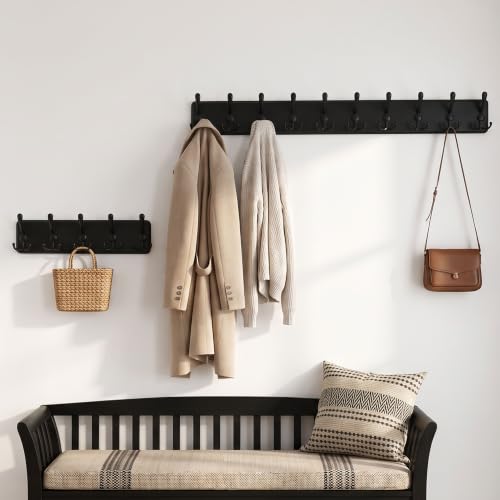 WEBI Rustic Coat Rack Wall Mount,Wood Coat Hooks Wall Mounted Coat Hanger,16" Hole to Hole,Hook Rack Rail,5 Triple Hooks for Hanging Coats,Hats,Jacket,Clothes,Entryway,Black,2 Packs - color: Black, size: 5 Hooks(2 Packs)