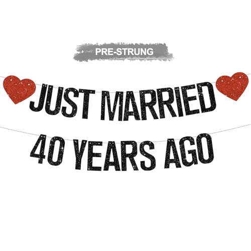 Black Glitter Just Married 40 Years Ago Banner,NO DIY,Pre-Strung 40th Wedding Anniversary Party Decorations 40 Years Blessed & Loved Garland Sign We Still Do 40th Party Supplies - color: 40black