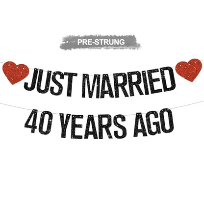 Black Glitter Just Married 40 Years Ago Banner,NO DIY,Pre-Strung 40th Wedding Anniversary Party Decorations 40 Years Blessed & Loved Garland Sign We Still Do 40th Party Supplies - color: 40black