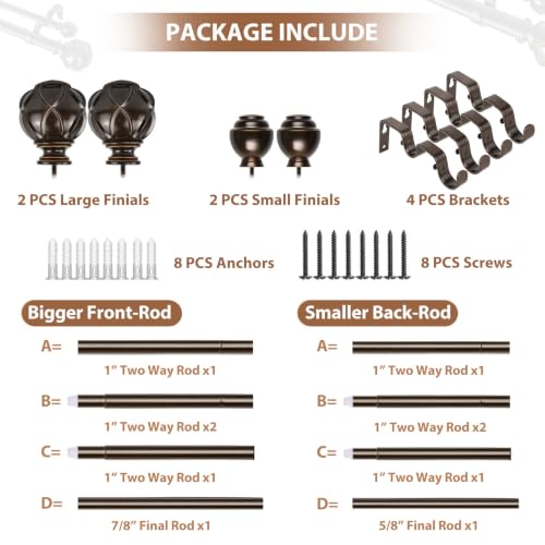 KAMANINA Double Curtain Rods for Windows 72 to 144 Inch, Adjustable, Bronze - color: Antique Bronze, size: 72-144"
