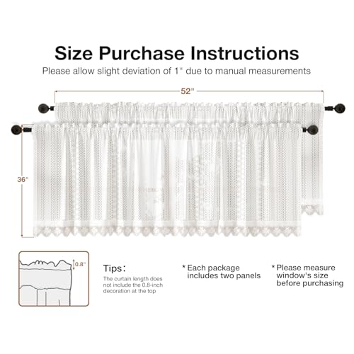 Rinwoc White Lace Semi-Sheer Valance Curtains 2 Panels – Vintage Boho Lace for Living Room, Privacy Light Filtering Rod Pocket Window Valances, Elegant Pattern Valances, 52W x 36L Inch - color: White Star, size: 52"W x 36"L (Pack of 2)