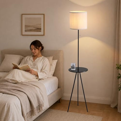 Floor Lamp with Table Attached, Linen Shade, Standing Lamp for Living Room - color: Black