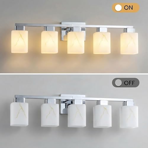 5-Light Square Bathroom Light Fixture, Chrome Modern Vanity Light with White Marble Glass Shade, for Bathroom Mirror, Living Room, Bedroom, Hallway, E26 Base - color: Chrome, size: 5-Light