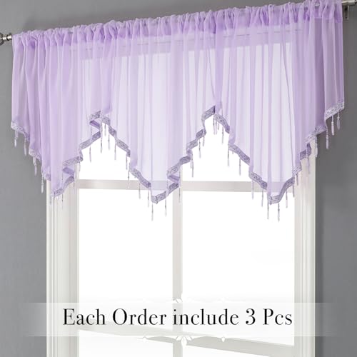 WUBODTI Taro Purple Beaded Sheer Curtain Valances for Kitchen Windows, Triangle Sheer Swag Valance Curtains Boho Bead Tassels Window Valances for Bedroom Bathroom Living Room,3PCs, Each W51 x L24 - color: Taro Purple