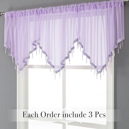 WUBODTI Taro Purple Beaded Sheer Curtain Valances for Kitchen Windows, Triangle Sheer Swag Valance Curtains Boho Bead Tassels Window Valances for Bedroom Bathroom Living Room,3PCs, Each W51 x L24 - color: Taro Purple