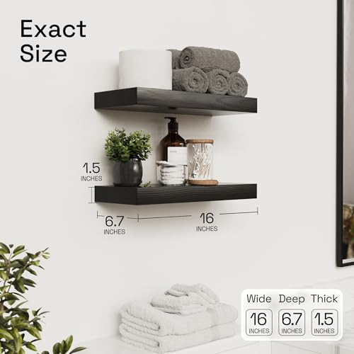 Solid Wood Floating Shelves For Wall 16 inch Black, Bathroom Wooden Shelf - color: Black, size: 16 Inch